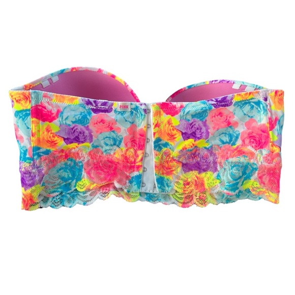 Pink Victoria’s Secret Push Up Bustier with Roses and Lace Underwire Bra 34D - Picture 3 of 8